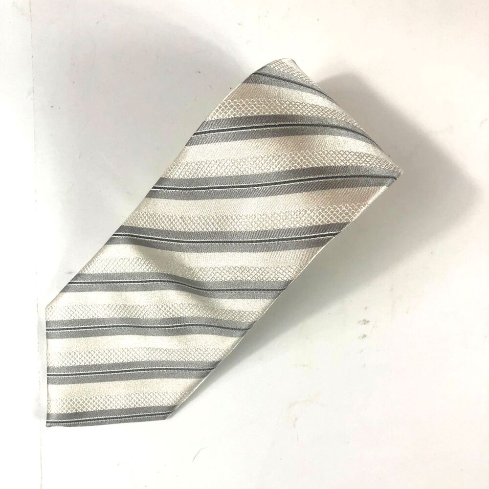 HATHAWAY 100% Silk Tie Gray Silver Cream Diagonal Stripe Geometric Texture Patte